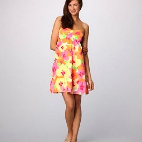 Lilly Pulitzer Strapless Floral Dress - Vibrant Pink, Orange, Yellow - Picture 2 of 14